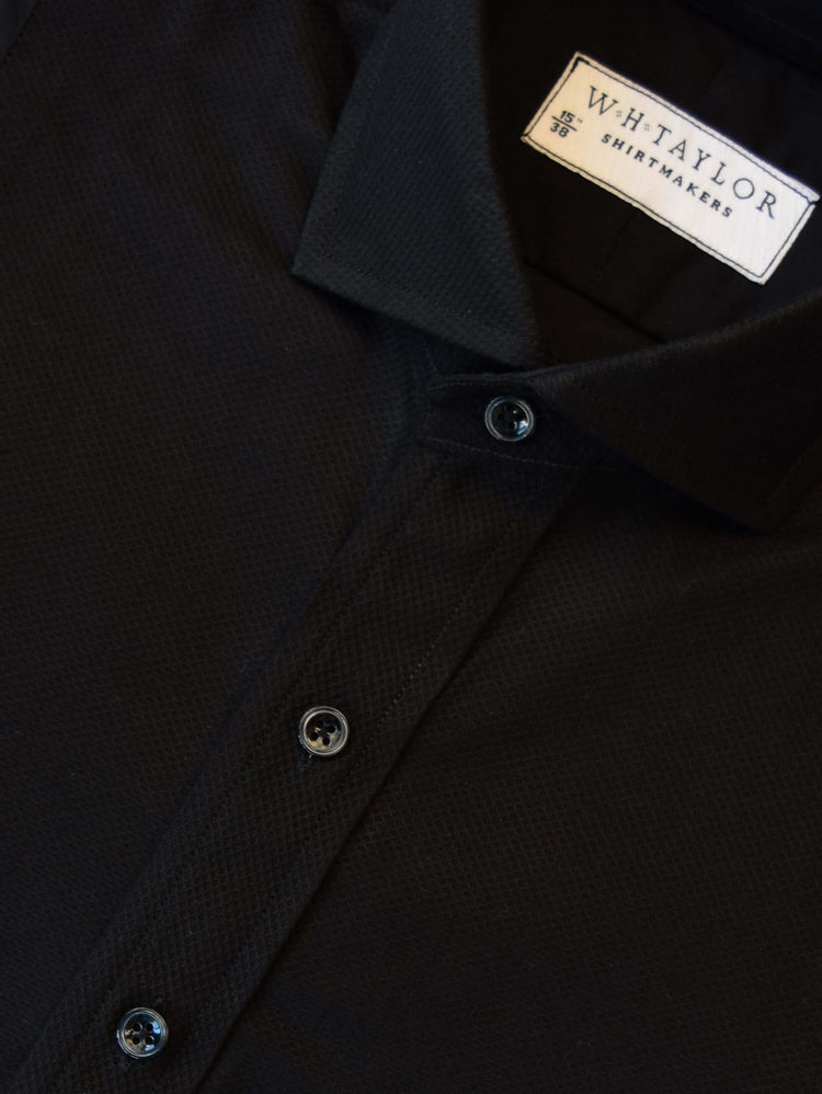 Black W.H. Taylor evening shirt made from fine 100% cotton fabric, featuring bespoke shirtmaking craftsmanship and available made to order