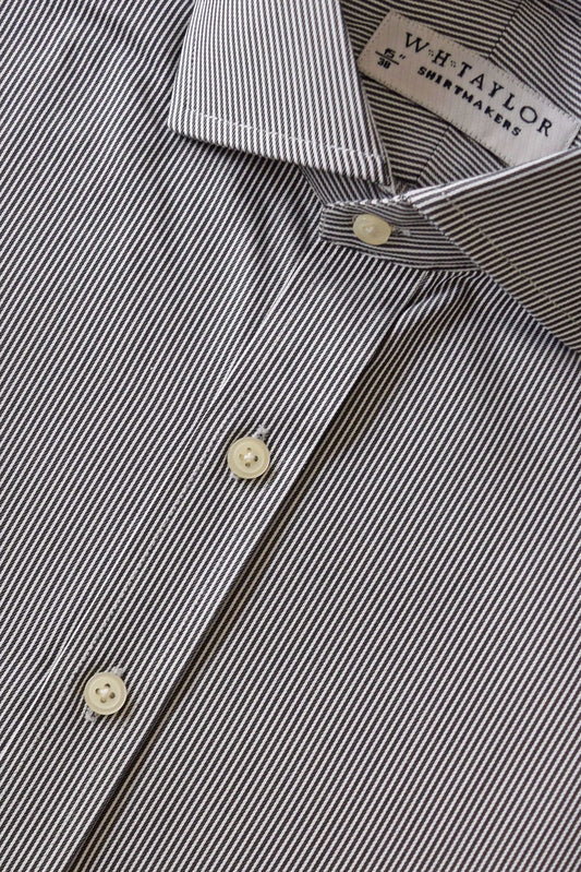 Black & White Narrow Stripe Twill Men's Bespoke Shirt with Buttons and Collar Close-up