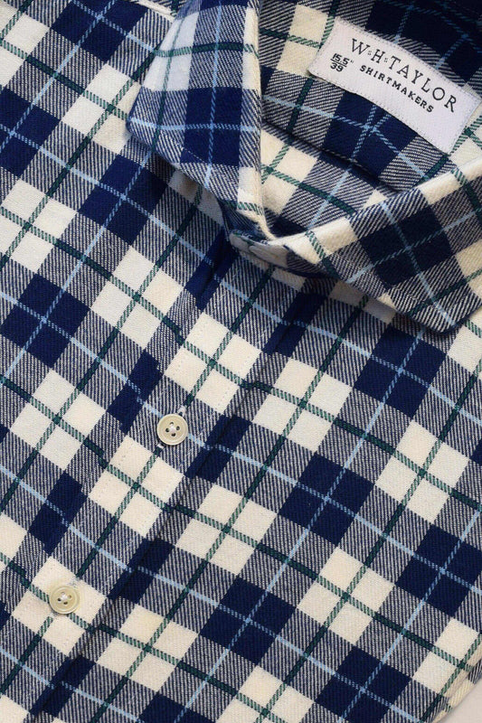 Navy & Cream Checked Brushed Cotton Twill Ladies Bespoke Shirt - whtshirtmakers.com