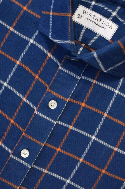 Royal Navy, Orange & White Brushed Cotton Tattersall Check Men's Bespoke Shirt - whtshirtmakers.com