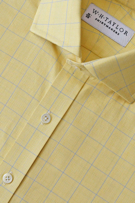 Yellow Blue Prince of Wales Plaid Check Poplin Men's Bespoke Shirt - whtshirtmakers.com